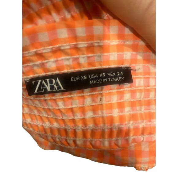 ZARA Gingham Ruched Smocked Back Crop Top Tie Straps XS Orange White #2975 - Picture 6 of 12